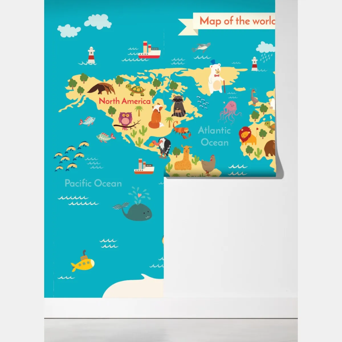 Fototapeta zabawna mapa świata ze zwierzętami – Wallissimo® Fototapeta zabawna mapa świata ze zwierzętami – Wallissimo®