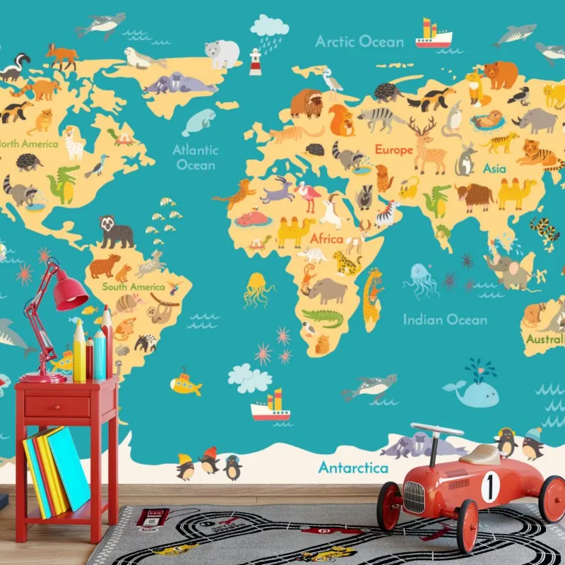 Fototapeta kolorowa mapa świata ze zwierzętami