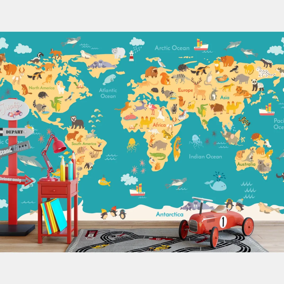 Fototapeta kolorowa mapa świata ze zwierzętami – Wallissimo® Fototapeta kolorowa mapa świata ze zwierzętami – Wallissimo®