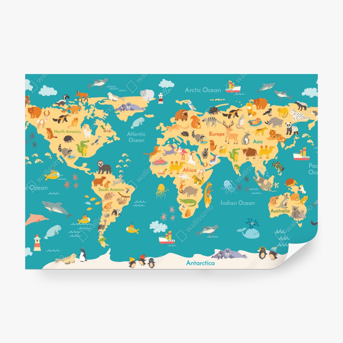 Fototapeta kolorowa mapa świata ze zwierzętami – Wallissimo® Fototapeta kolorowa mapa świata ze zwierzętami – Wallissimo®