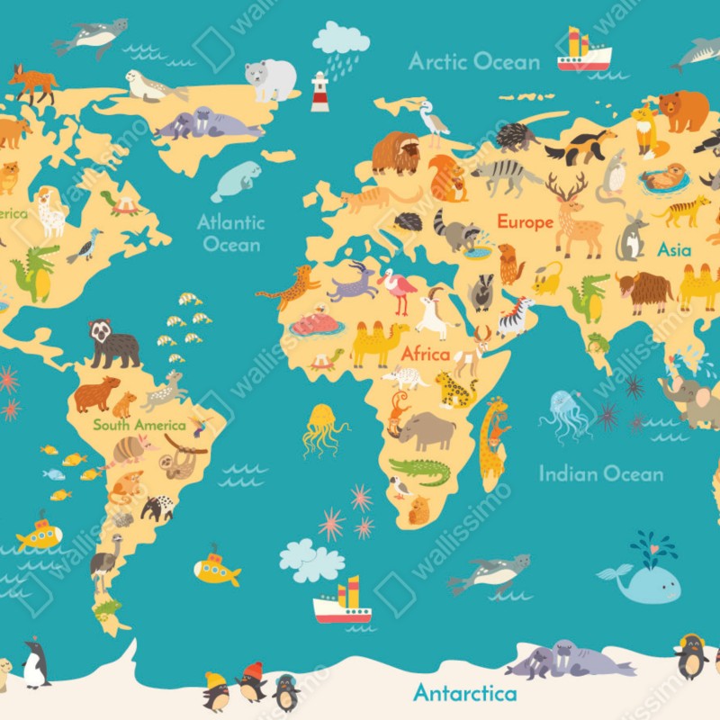 Fototapeta kolorowa mapa świata ze zwierzętami – Wallissimo® Fototapeta kolorowa mapa świata ze zwierzętami – Wallissimo®