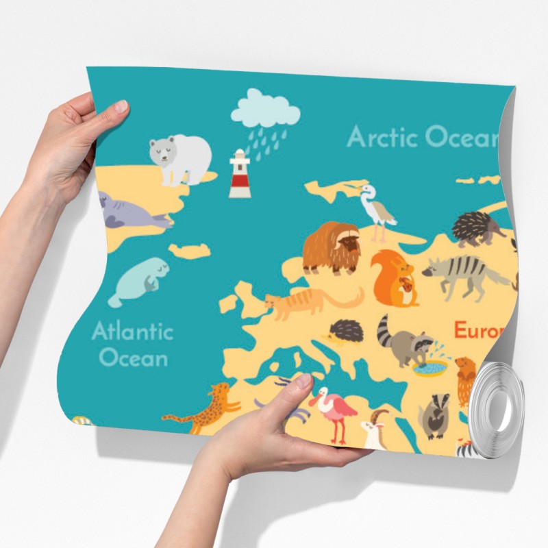 Fototapeta kolorowa mapa świata ze zwierzętami – Wallissimo® Fototapeta kolorowa mapa świata ze zwierzętami – Wallissimo®