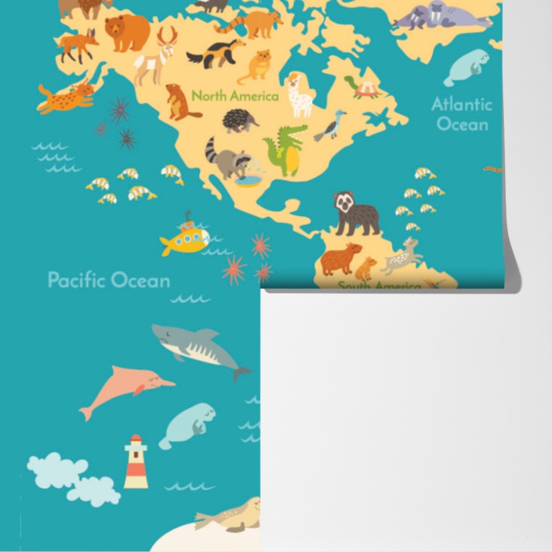 Fototapeta kolorowa mapa świata ze zwierzętami – Wallissimo® Fototapeta kolorowa mapa świata ze zwierzętami – Wallissimo®