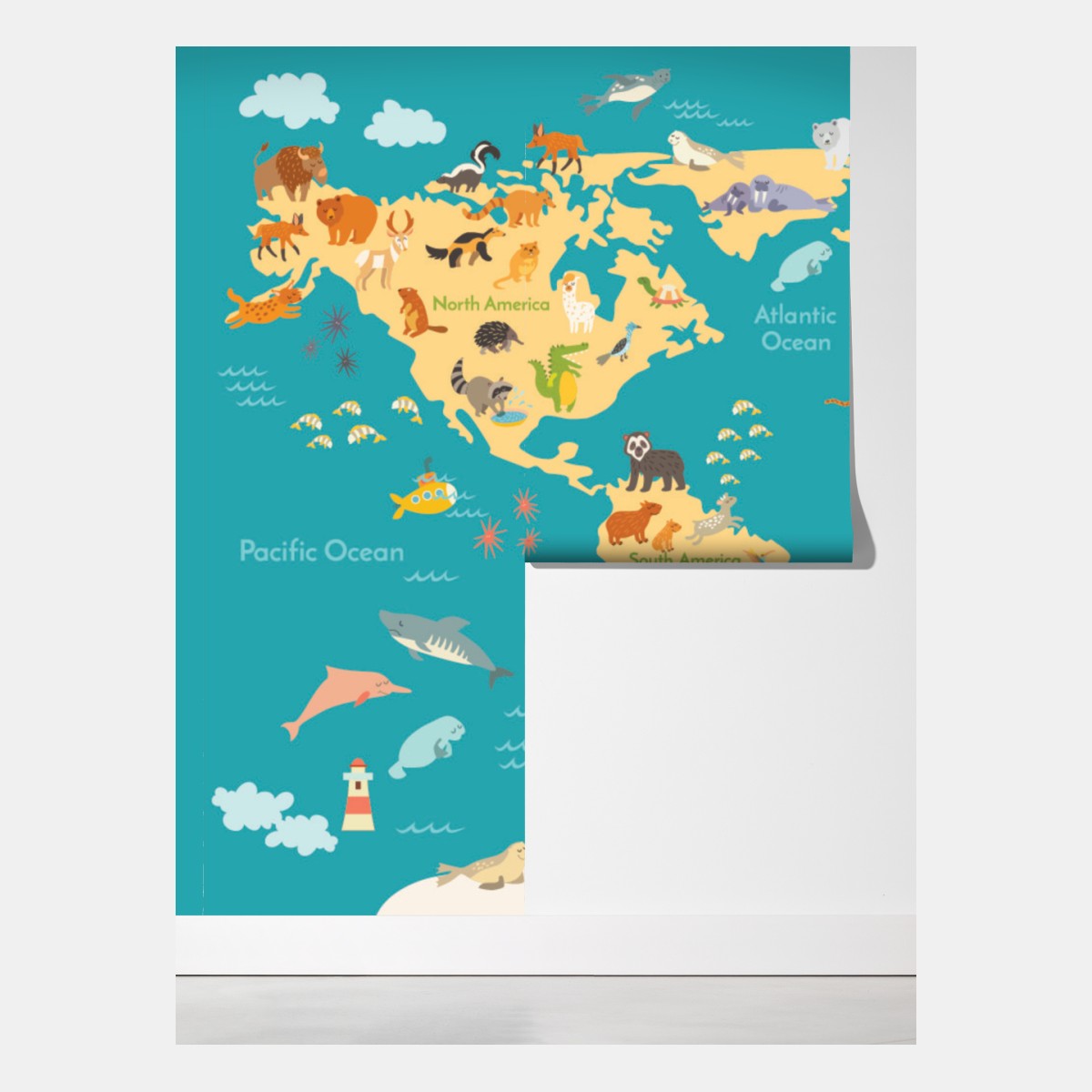 Fototapeta kolorowa mapa świata ze zwierzętami – Wallissimo® Fototapeta kolorowa mapa świata ze zwierzętami – Wallissimo®