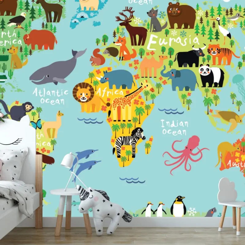 Fototapeta urocza mapa świata ze zwierzętami