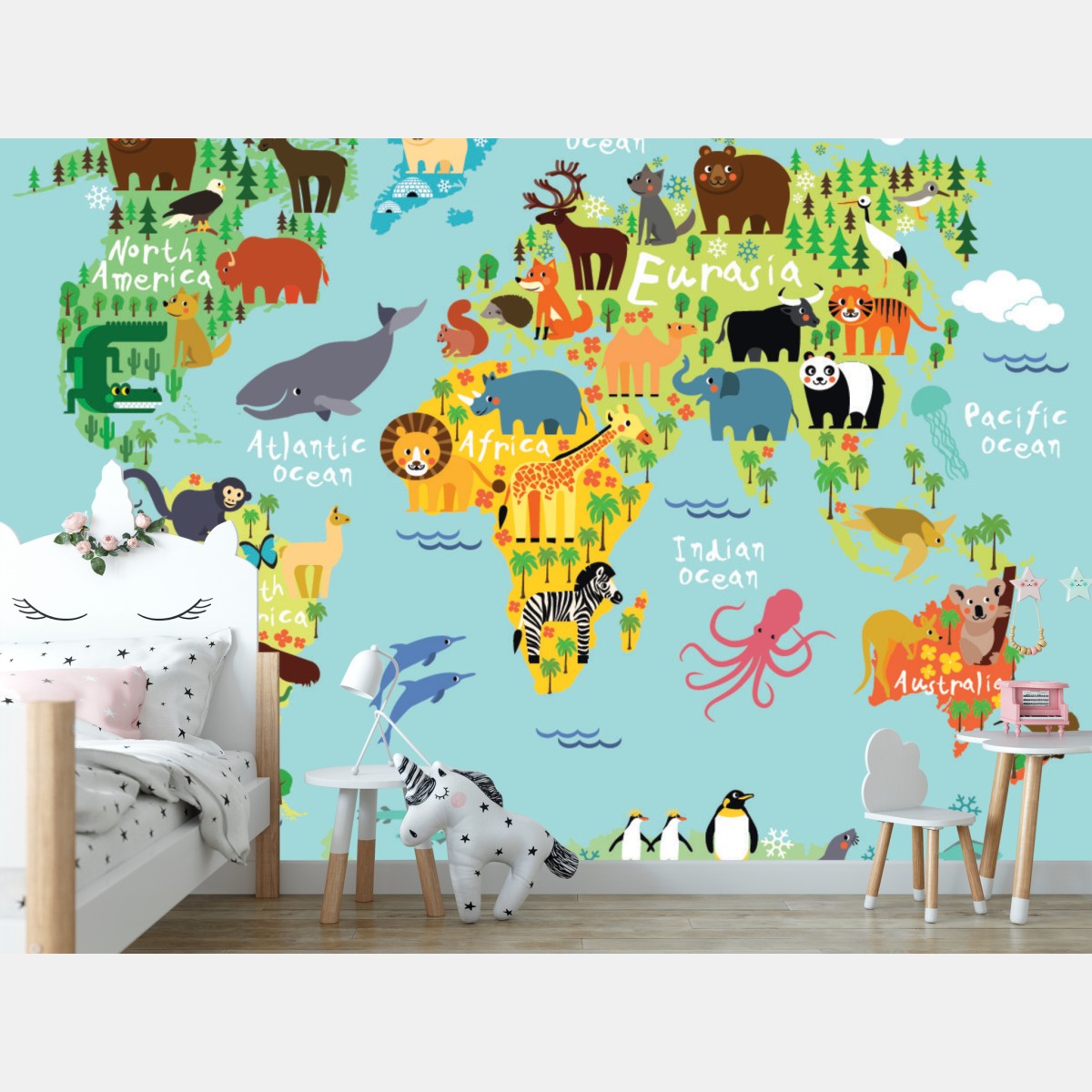 Wall mural cute world animal map