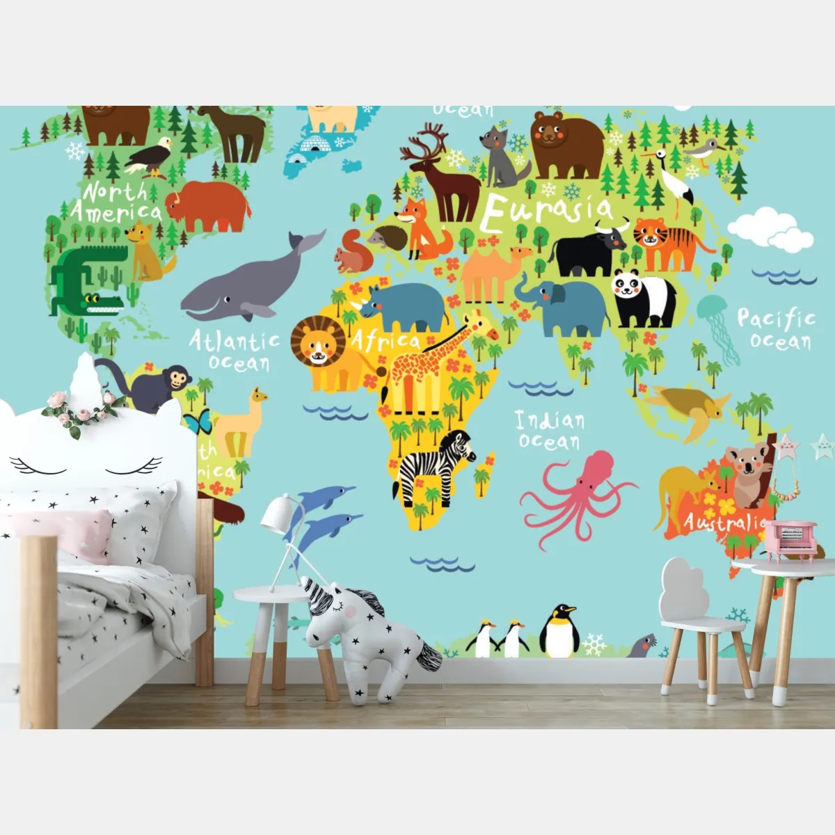 Fototapeta urocza mapa świata ze zwierzętami – Wallissimo® Fototapeta urocza mapa świata ze zwierzętami – Wallissimo®