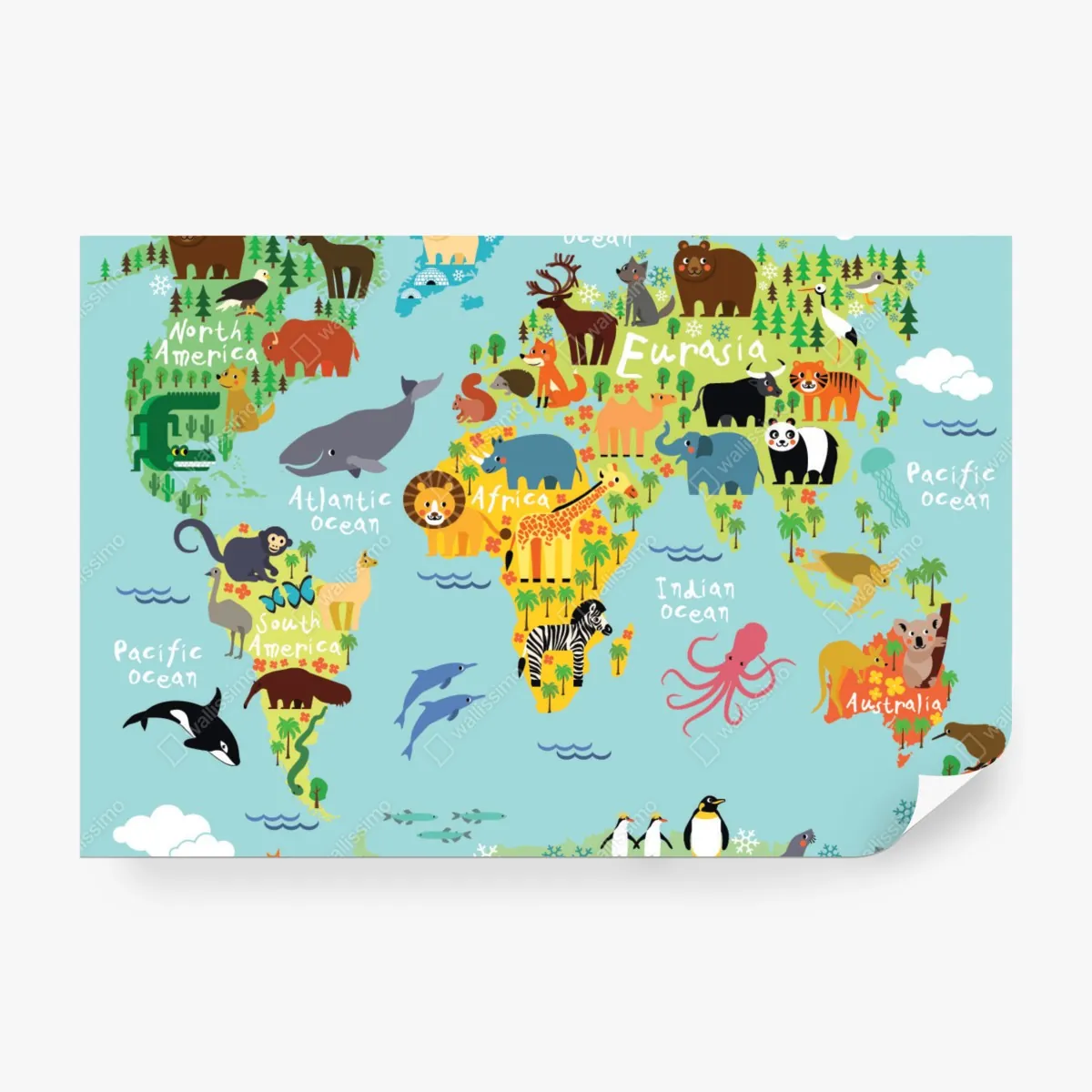 Fototapeta urocza mapa świata ze zwierzętami – Wallissimo® Fototapeta urocza mapa świata ze zwierzętami – Wallissimo®