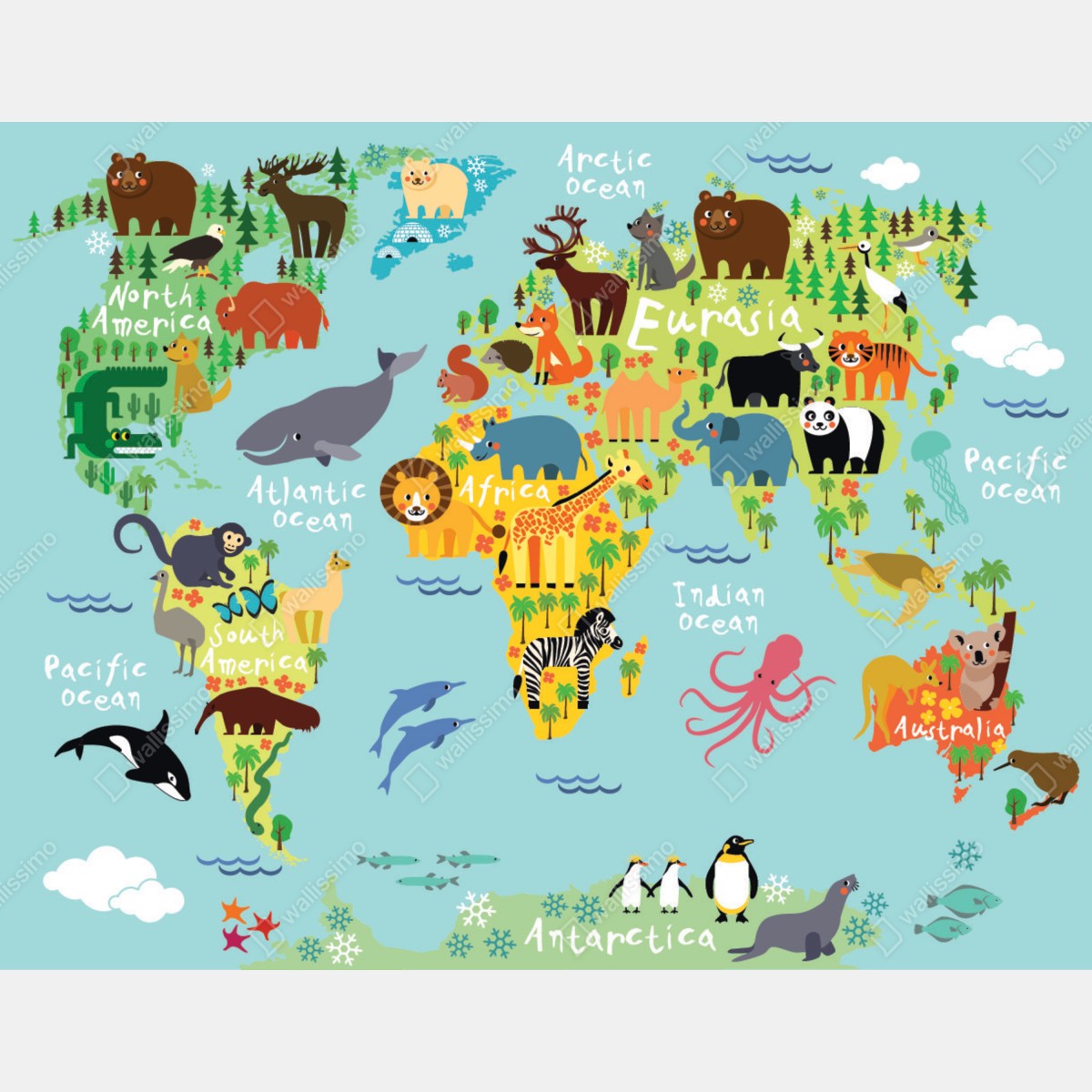 Fototapeta urocza mapa świata ze zwierzętami – Wallissimo® Fototapeta urocza mapa świata ze zwierzętami – Wallissimo®