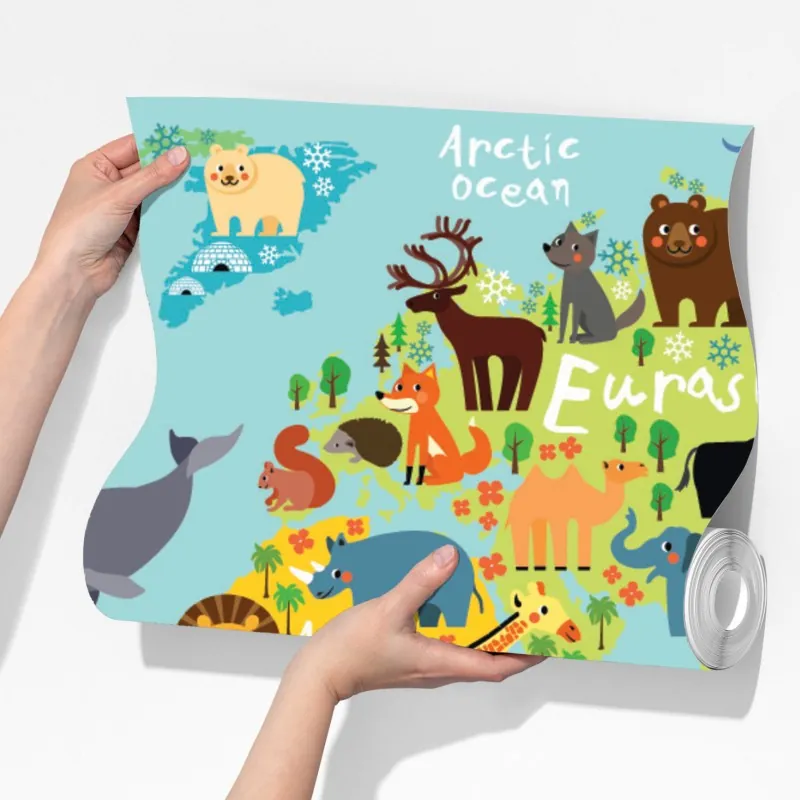 Fototapeta urocza mapa świata ze zwierzętami – Wallissimo® Fototapeta urocza mapa świata ze zwierzętami – Wallissimo®
