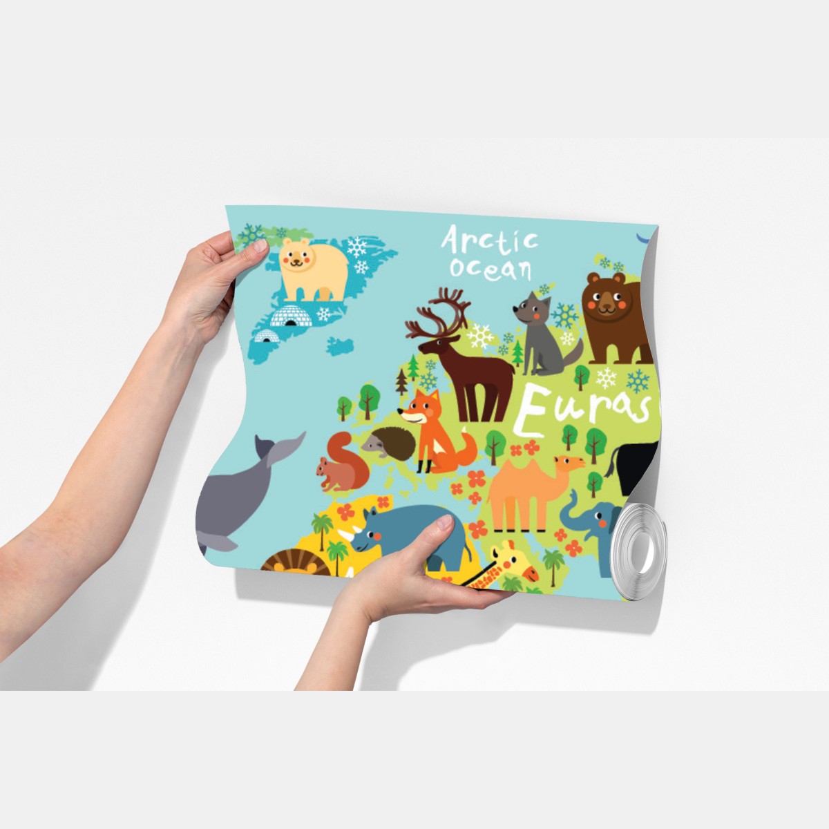 Fototapeta urocza mapa świata ze zwierzętami – Wallissimo® Fototapeta urocza mapa świata ze zwierzętami – Wallissimo®