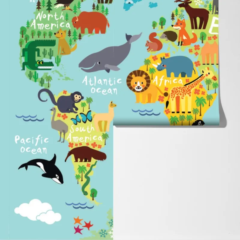 Fototapeta urocza mapa świata ze zwierzętami – Wallissimo® Fototapeta urocza mapa świata ze zwierzętami – Wallissimo®