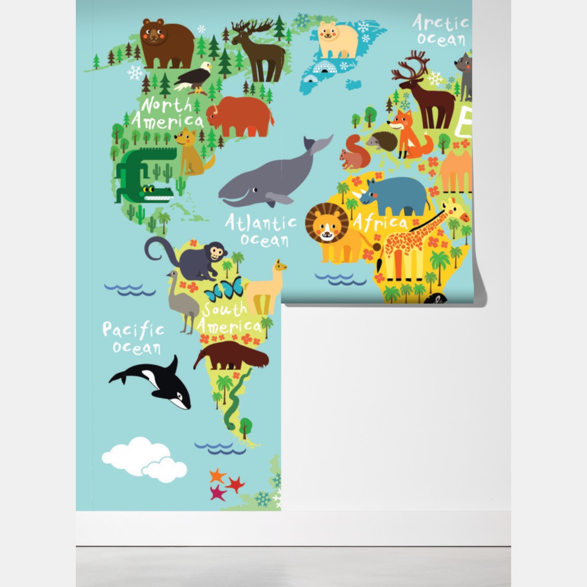 Fototapeta urocza mapa świata ze zwierzętami – Wallissimo® Fototapeta urocza mapa świata ze zwierzętami – Wallissimo®