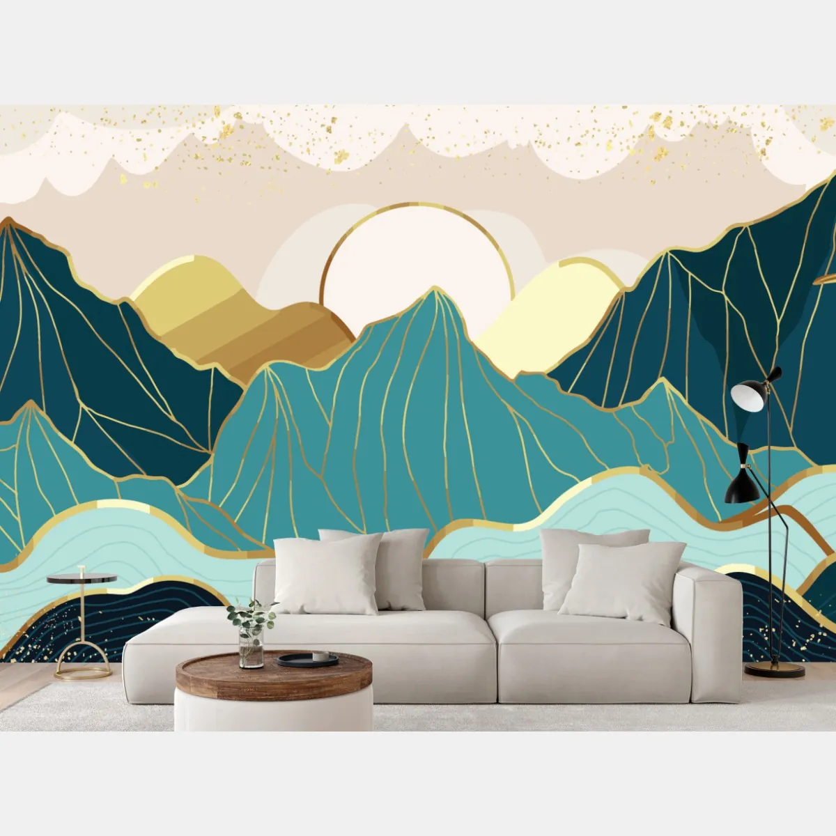 Fototapeta turkusowe góry o złotych akcentach – Wallissimo® Fototapeta turkusowe góry o złotych akcentach – Wallissimo®