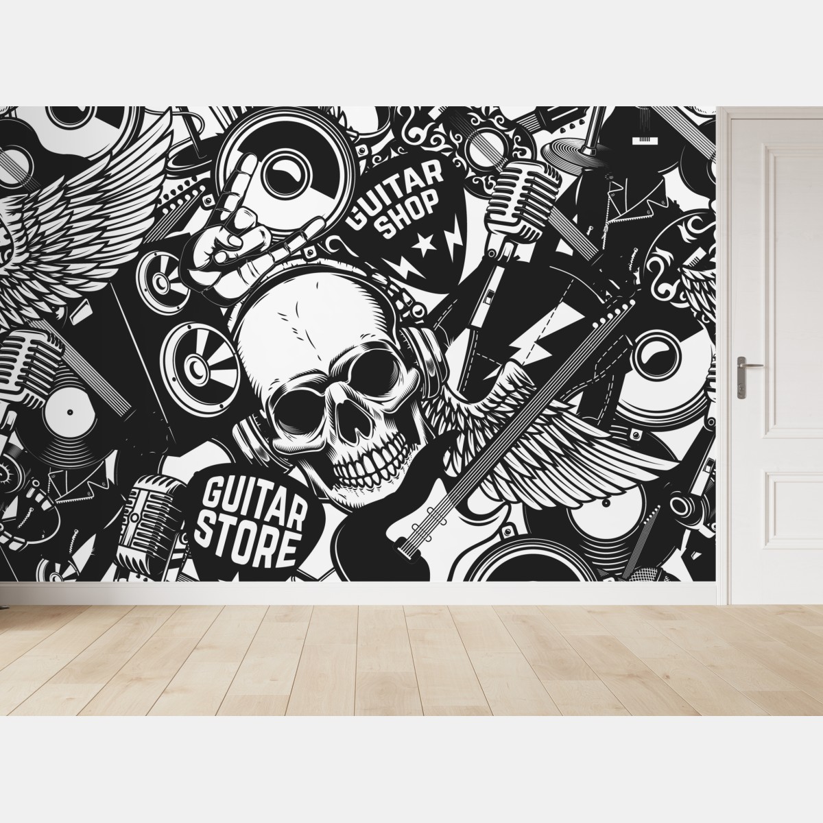 Wall mural rock and roll skull music collage