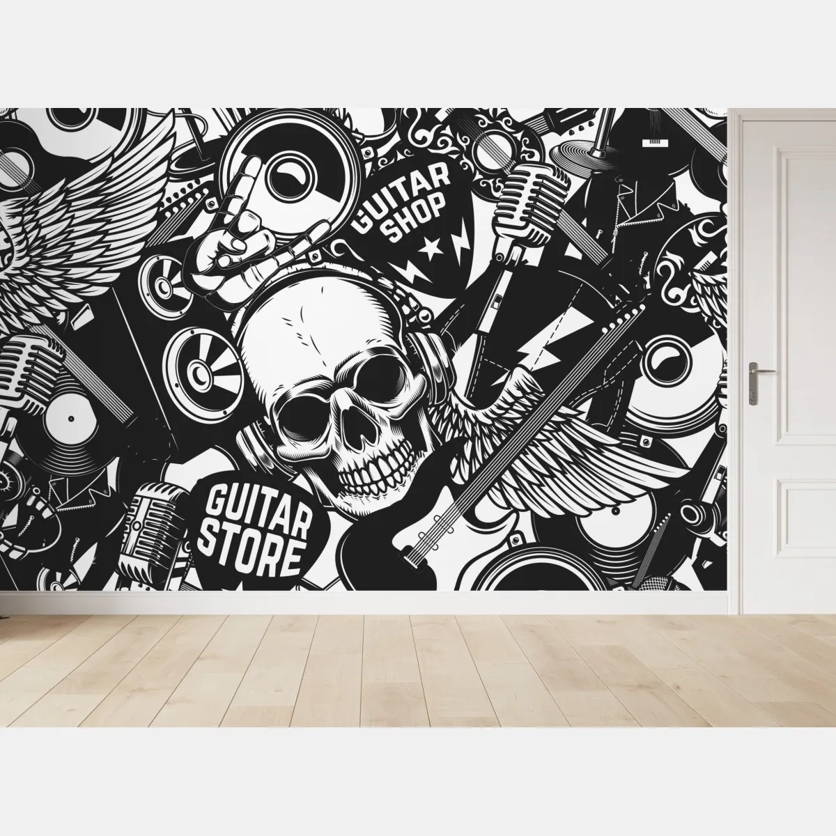 Fototapeta rockowy kolaż z czaszką i gitarami – Wallissimo® Fototapeta rockowy kolaż z czaszką i gitarami – Wallissimo®