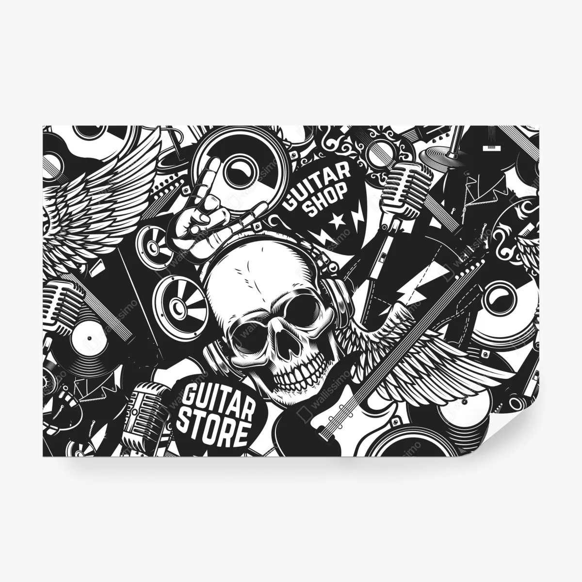 Fototapeta rockowy kolaż z czaszką i gitarami – Wallissimo® Fototapeta rockowy kolaż z czaszką i gitarami – Wallissimo®