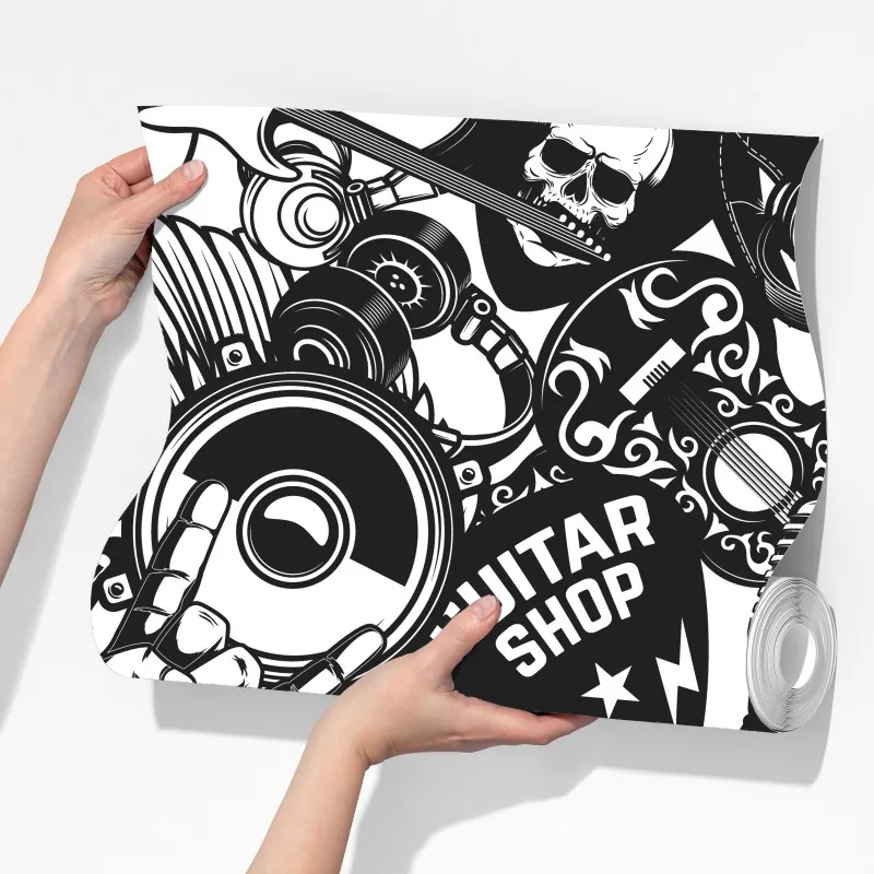 Fototapeta rockowy kolaż z czaszką i gitarami – Wallissimo® Fototapeta rockowy kolaż z czaszką i gitarami – Wallissimo®