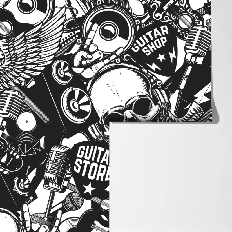 Fototapeta rockowy kolaż z czaszką i gitarami – Wallissimo® Fototapeta rockowy kolaż z czaszką i gitarami – Wallissimo®
