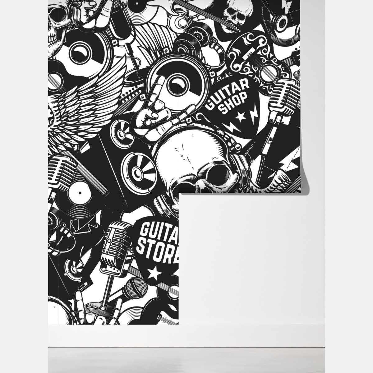 Fototapeta rockowy kolaż z czaszką i gitarami – Wallissimo® Fototapeta rockowy kolaż z czaszką i gitarami – Wallissimo®