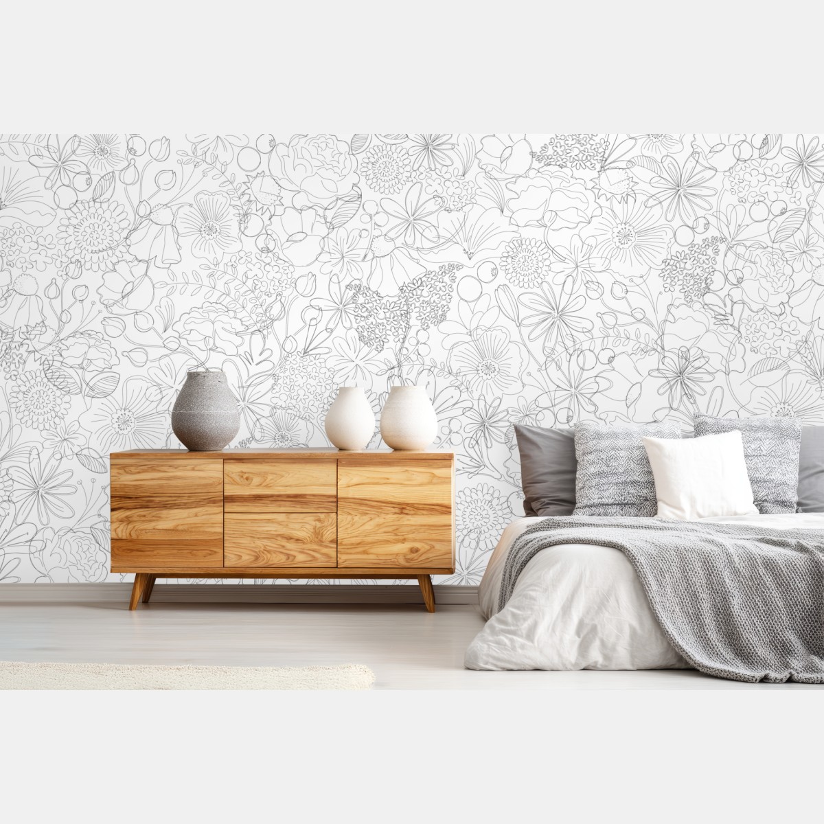 Wall mural delicate hand-drawn floral line pattern