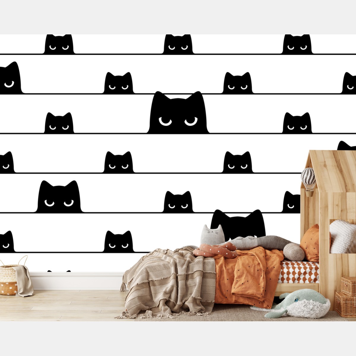 Wall mural playful peeking cats on a striped background
