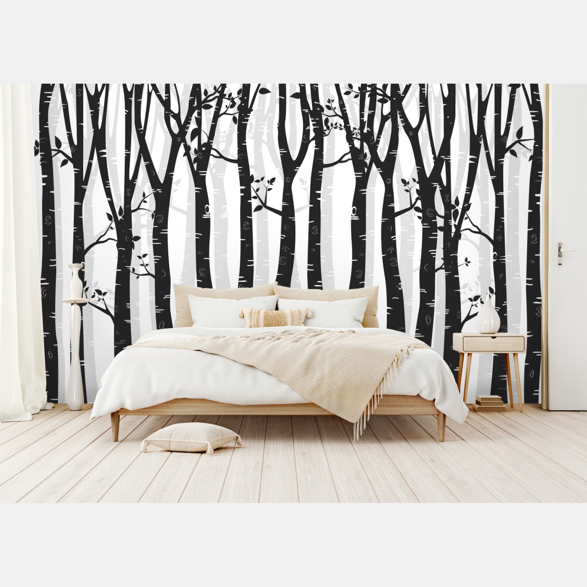 Wall mural monochrome birch forest illustration