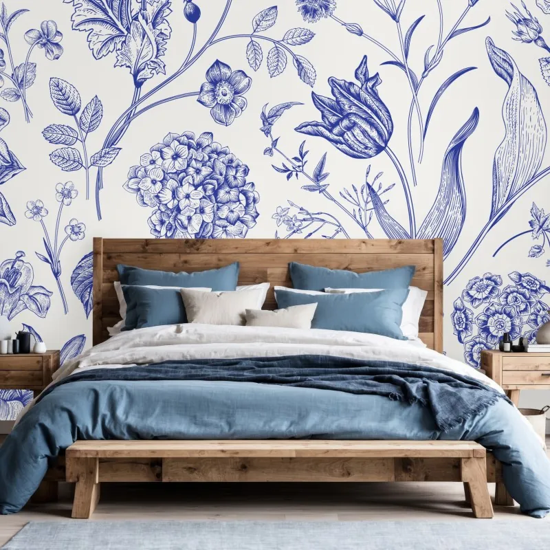 Fototapeta klasyczny niebieski wzór toile z motywem kwiatowym