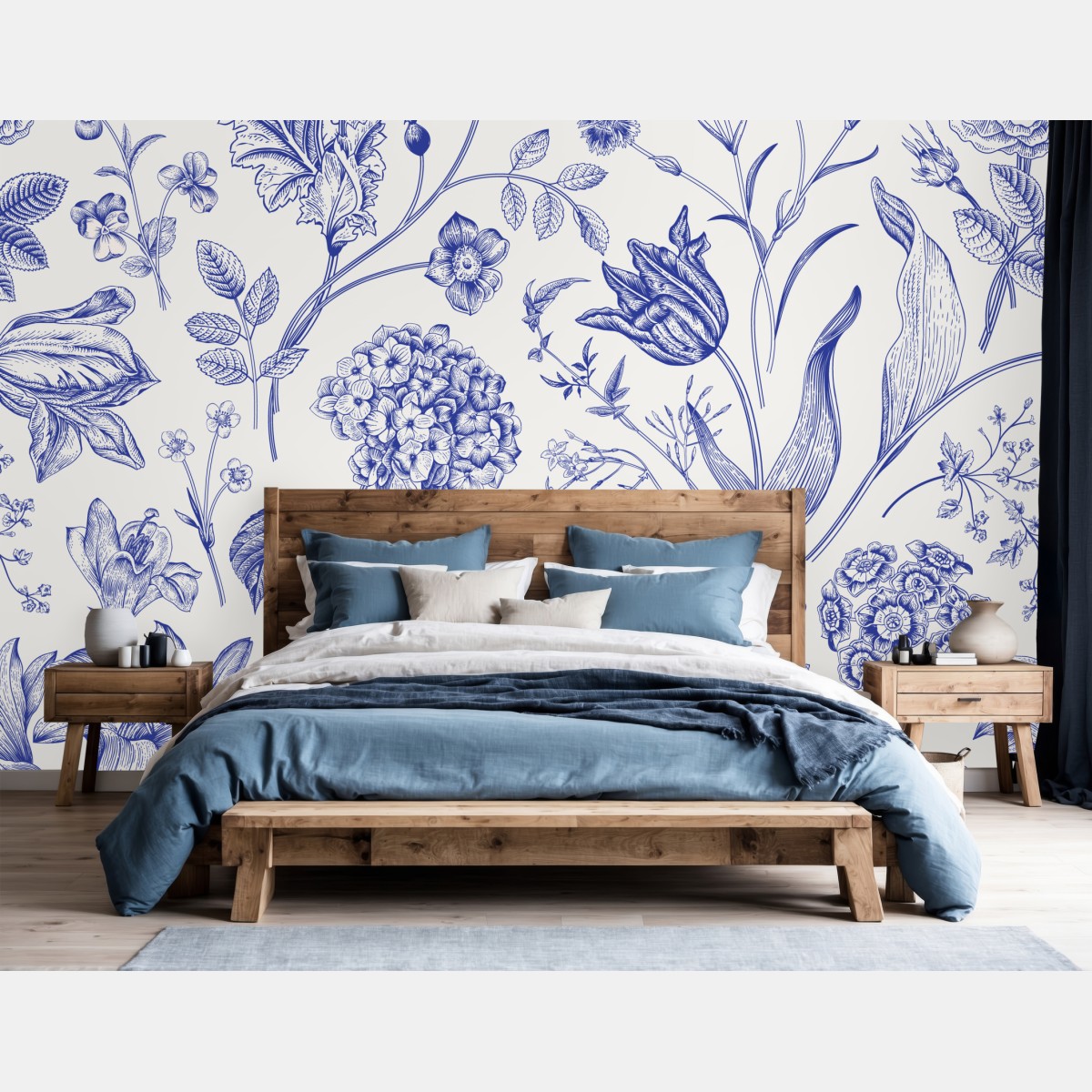 Wall mural classic blue toile floral pattern