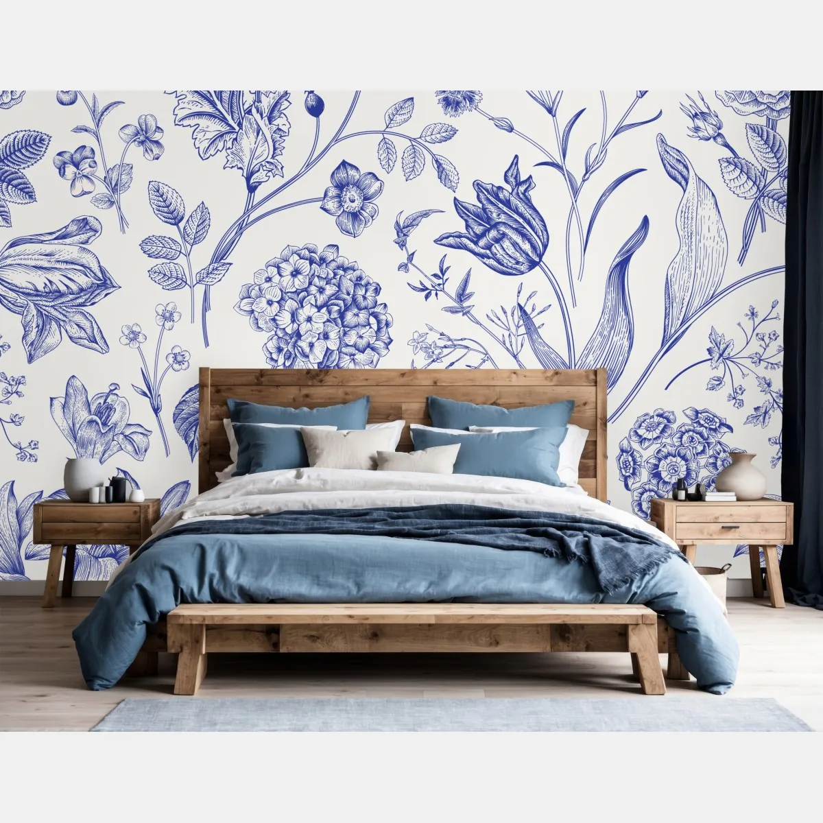 Fototapeta klasyczny niebieski wzór toile z motywem kwiatowym – Wallissimo® Fototapeta klasyczny niebieski wzór toile z motywem kwiatowym – Wallissimo®