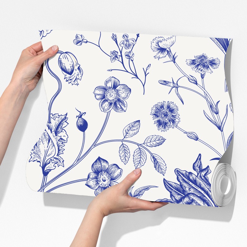 Fototapeta klasyczny niebieski wzór toile z motywem kwiatowym – Wallissimo® Fototapeta klasyczny niebieski wzór toile z motywem kwiatowym – Wallissimo®