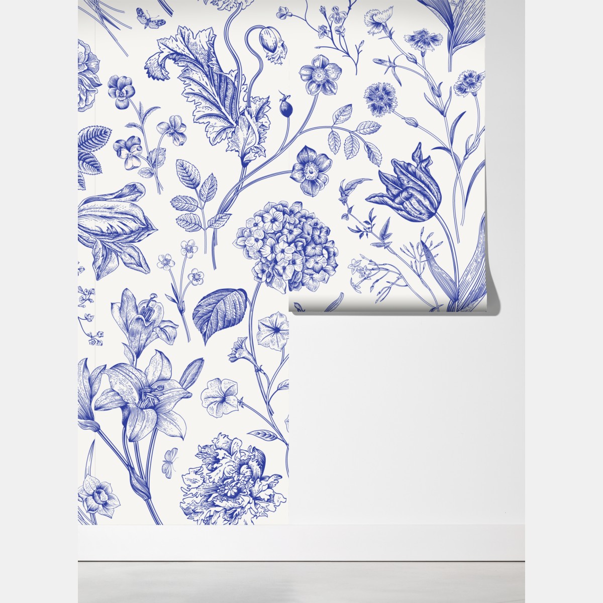 Fototapeta klasyczny niebieski wzór toile z motywem kwiatowym – Wallissimo® Fototapeta klasyczny niebieski wzór toile z motywem kwiatowym – Wallissimo®