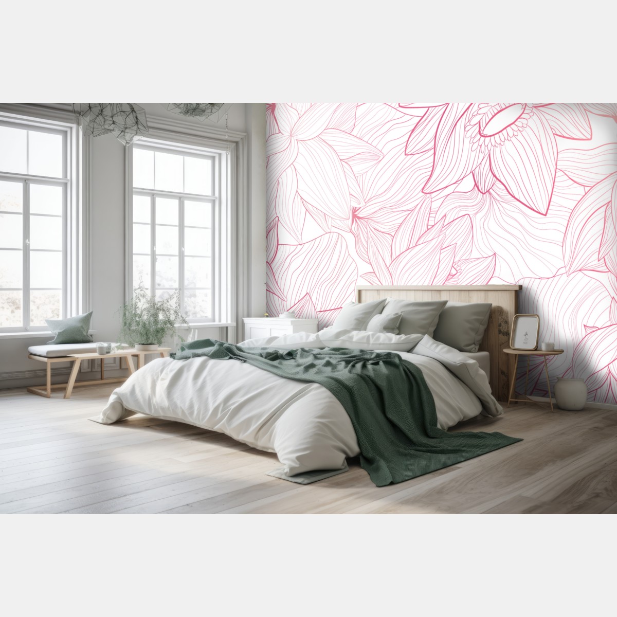 Wall mural blush pink floral line art
