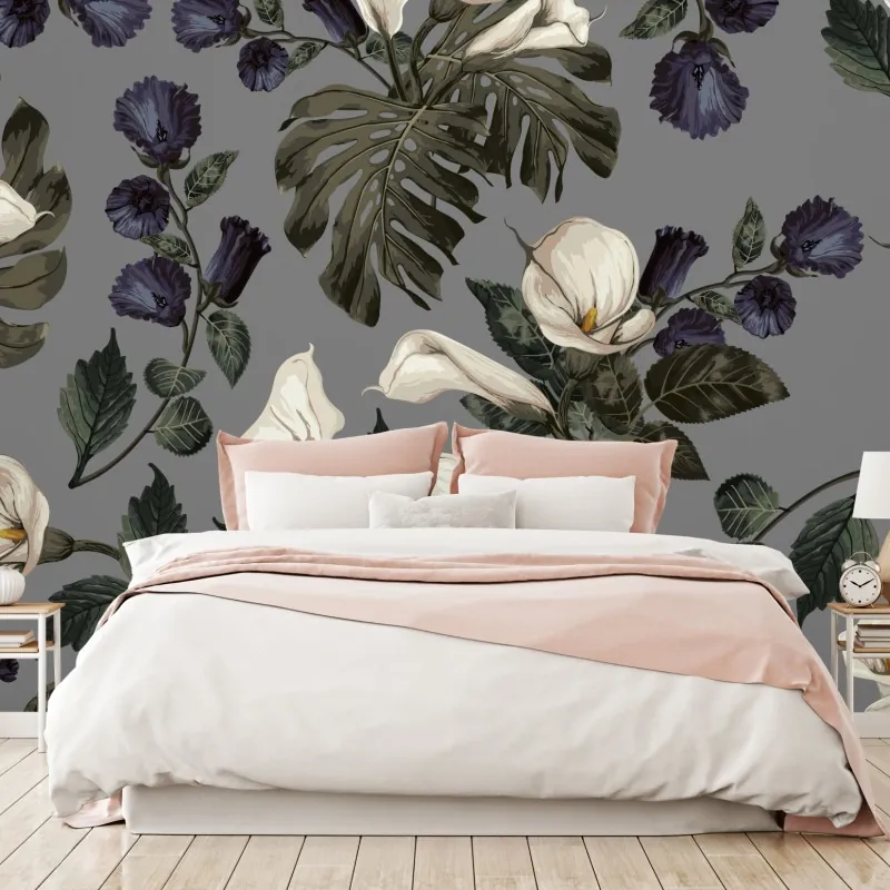 Fototapeta botaniczny wzór: delikatne kalie i liście monstery na szarym tle