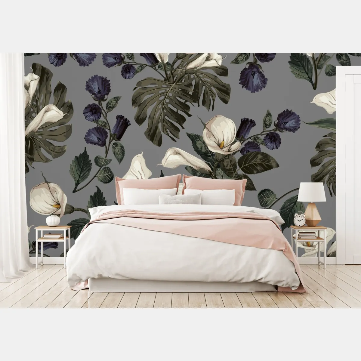 Fototapeta botaniczny wzór: delikatne kalie i liście monstery na szarym tle – Wallissimo® Fototapeta botaniczny wzór: delikatne kalie i liście monstery na szarym tle – Wallissimo®