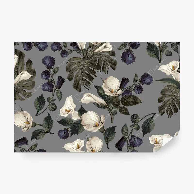 Fototapeta botaniczny wzór: delikatne kalie i liście monstery na szarym tle