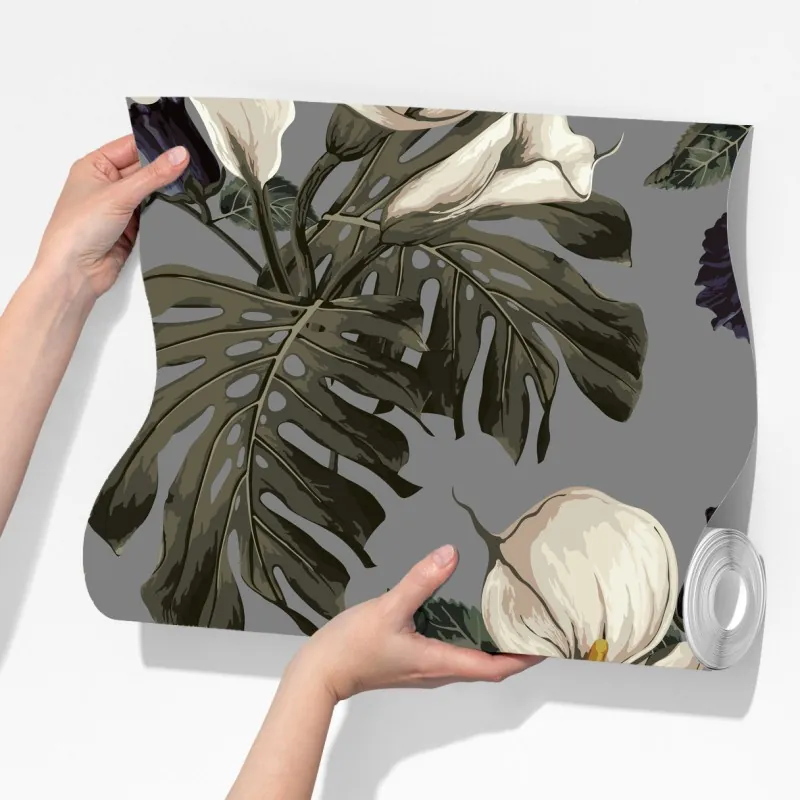 Fototapeta botaniczny wzór: delikatne kalie i liście monstery na szarym tle – Wallissimo® Fototapeta botaniczny wzór: delikatne kalie i liście monstery na szarym tle – Wallissimo®