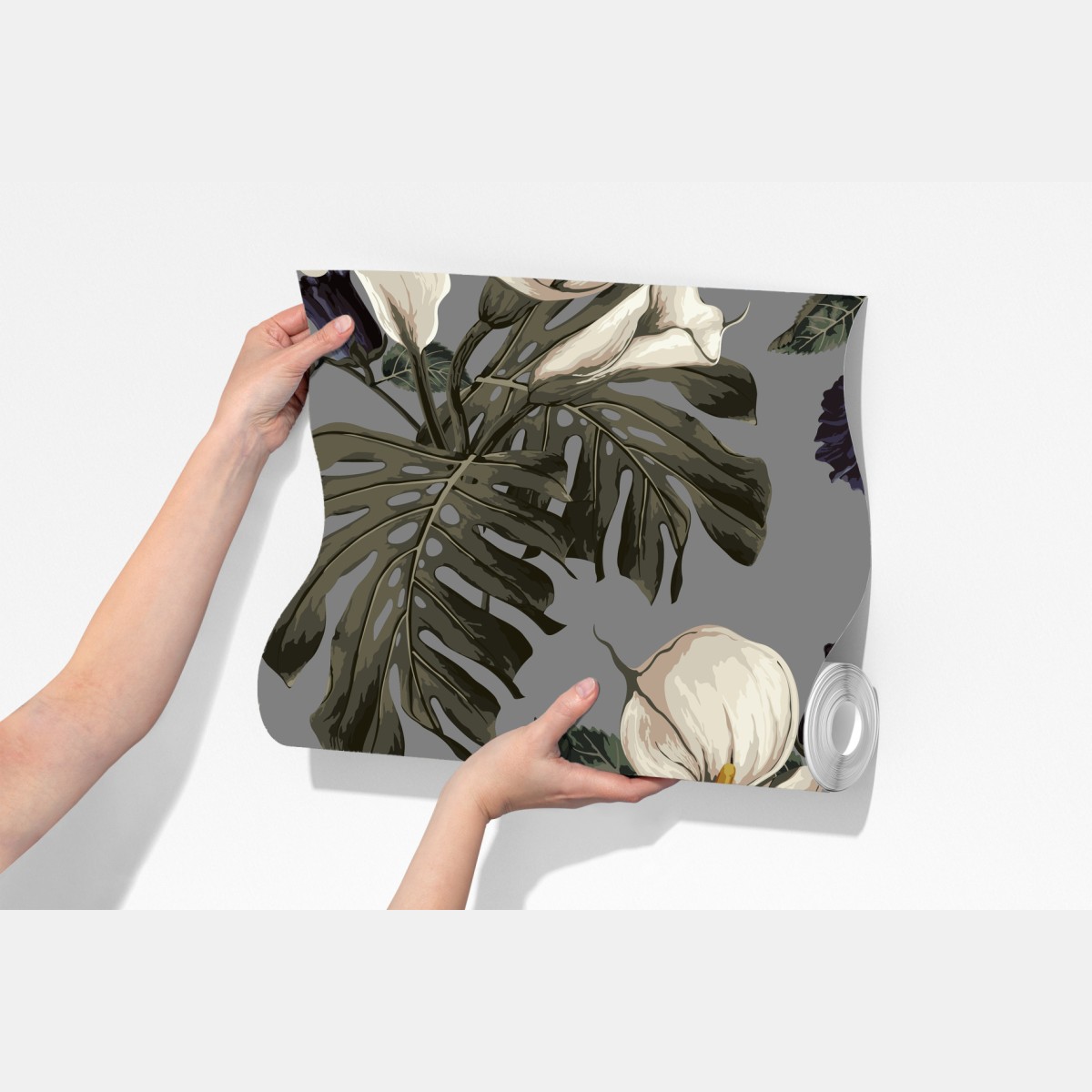 Fototapeta botaniczny wzór: delikatne kalie i liście monstery na szarym tle – Wallissimo® Fototapeta botaniczny wzór: delikatne kalie i liście monstery na szarym tle – Wallissimo®