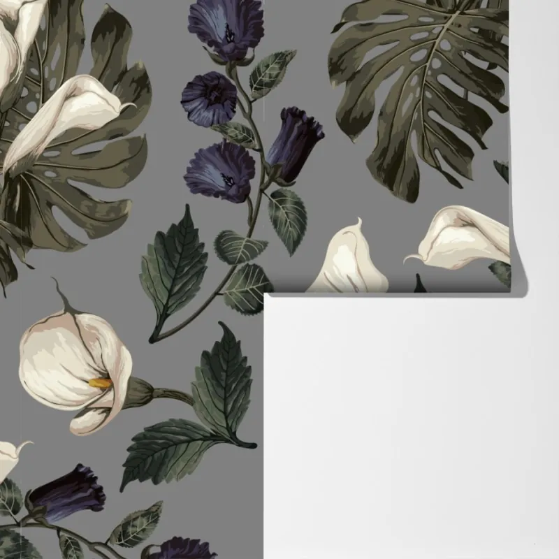 Fototapeta botaniczny wzór: delikatne kalie i liście monstery na szarym tle – Wallissimo® Fototapeta botaniczny wzór: delikatne kalie i liście monstery na szarym tle – Wallissimo®