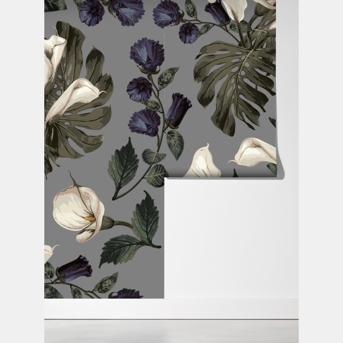 Fototapeta botaniczny wzór: delikatne kalie i liście monstery na szarym tle – Wallissimo® Fototapeta botaniczny wzór: delikatne kalie i liście monstery na szarym tle – Wallissimo®