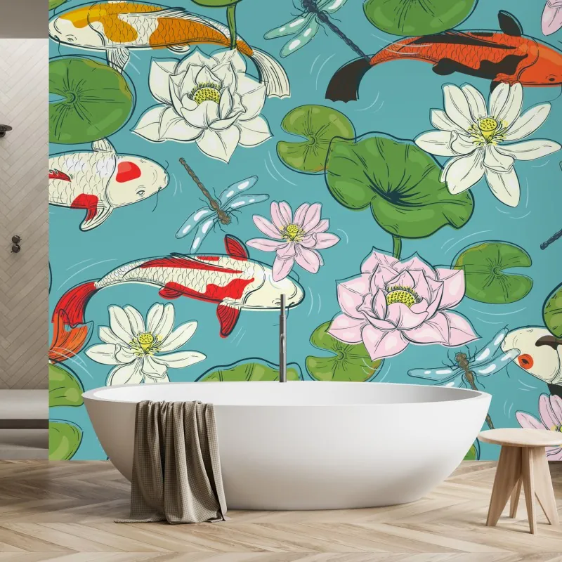 Fototapeta koi, lilie wodne i ważki na błękitnym stawie
