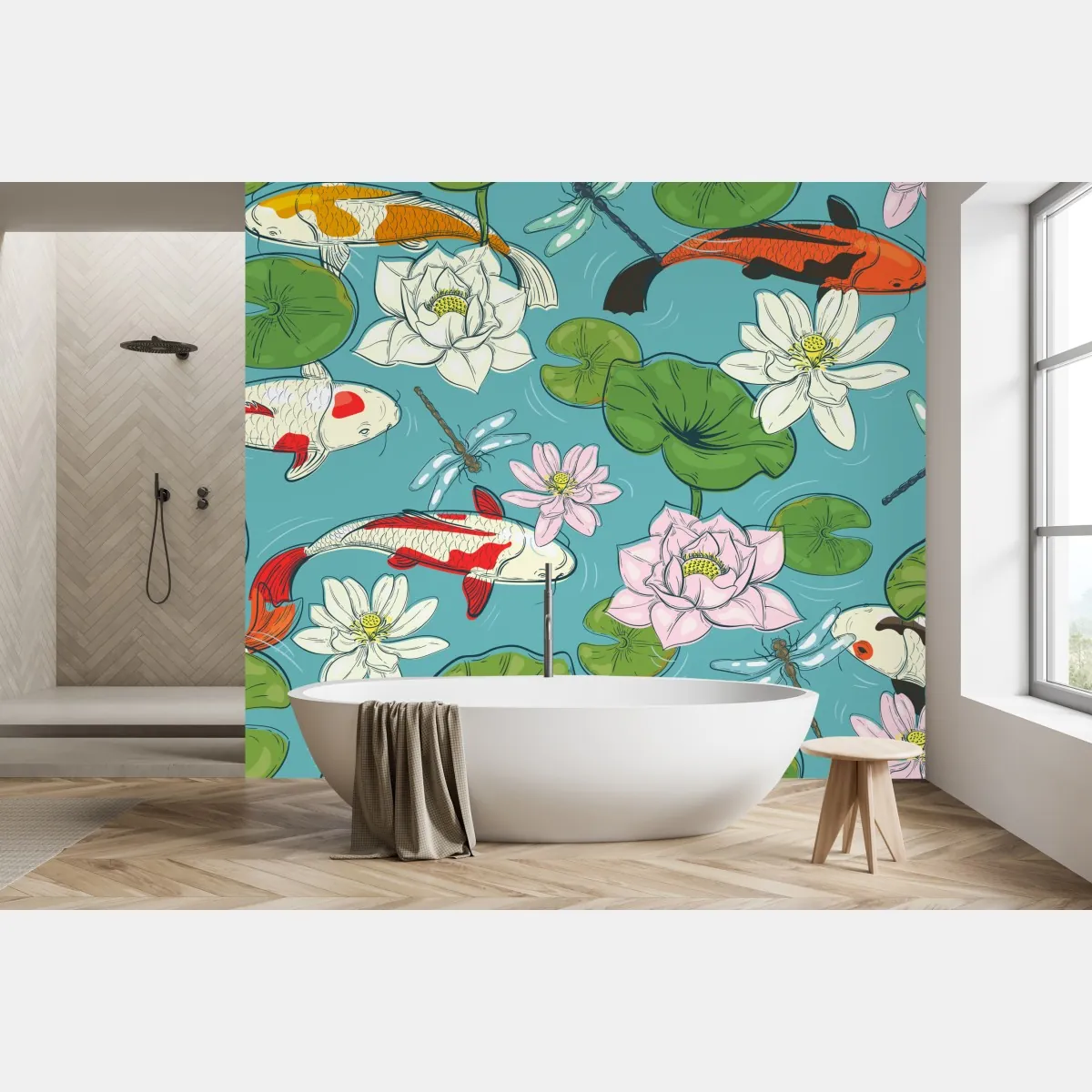 Fototapeta koi, lilie wodne i ważki na błękitnym stawie – Wallissimo® Fototapeta koi, lilie wodne i ważki na błękitnym stawie – Wallissimo®