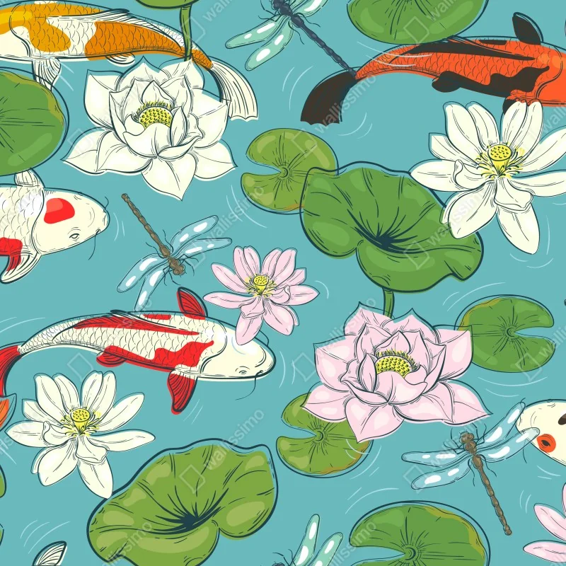 Fototapeta koi, lilie wodne i ważki na błękitnym stawie – Wallissimo® Fototapeta koi, lilie wodne i ważki na błękitnym stawie – Wallissimo®