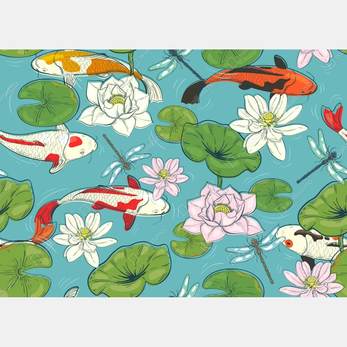 Fototapeta koi, lilie wodne i ważki na błękitnym stawie – Wallissimo® Fototapeta koi, lilie wodne i ważki na błękitnym stawie – Wallissimo®