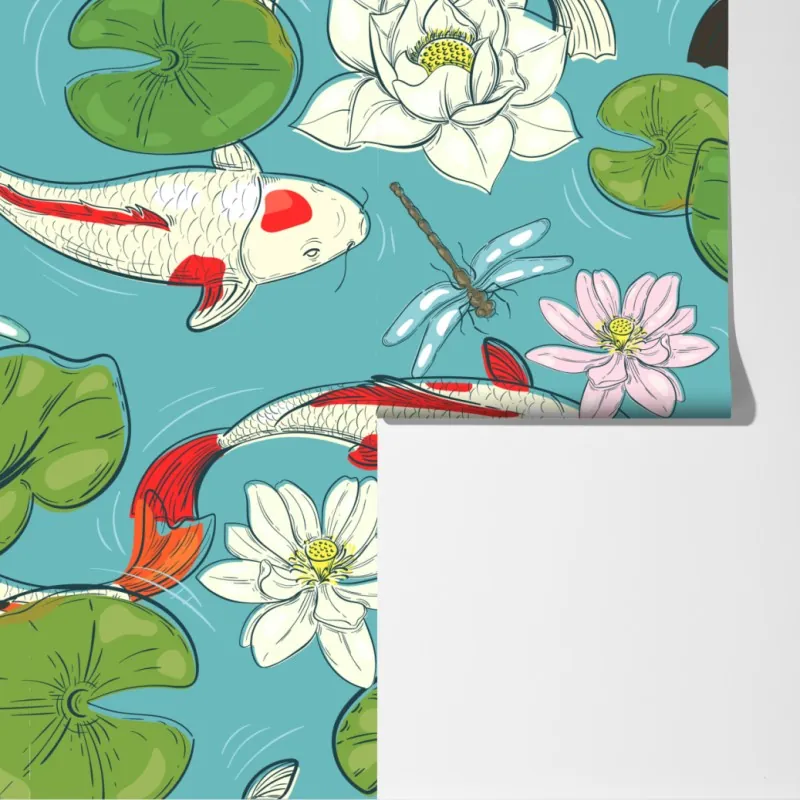 Fototapeta koi, lilie wodne i ważki na błękitnym stawie – Wallissimo® Fototapeta koi, lilie wodne i ważki na błękitnym stawie – Wallissimo®