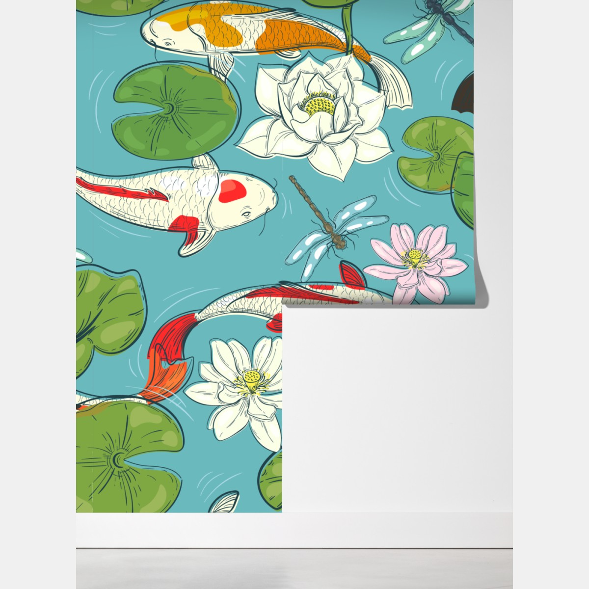 Fototapeta koi, lilie wodne i ważki na błękitnym stawie – Wallissimo® Fototapeta koi, lilie wodne i ważki na błękitnym stawie – Wallissimo®