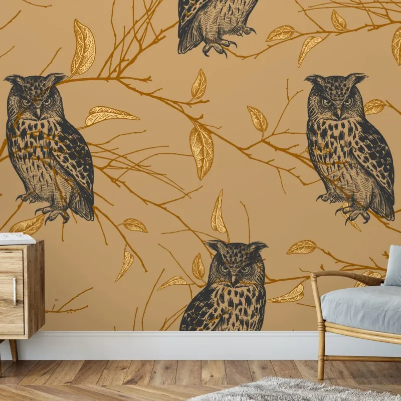 Fototapeta wzór ze złotymi sowami na beżowym tle