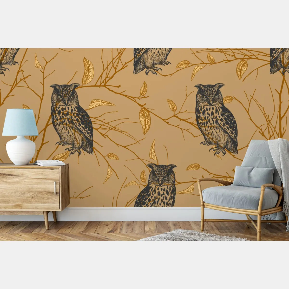 Fototapeta wzór ze złotymi sowami na beżowym tle – Wallissimo® Fototapeta wzór ze złotymi sowami na beżowym tle – Wallissimo®