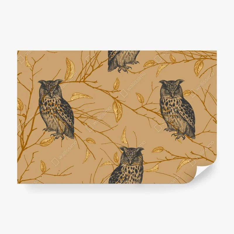Fototapeta wzór ze złotymi sowami na beżowym tle