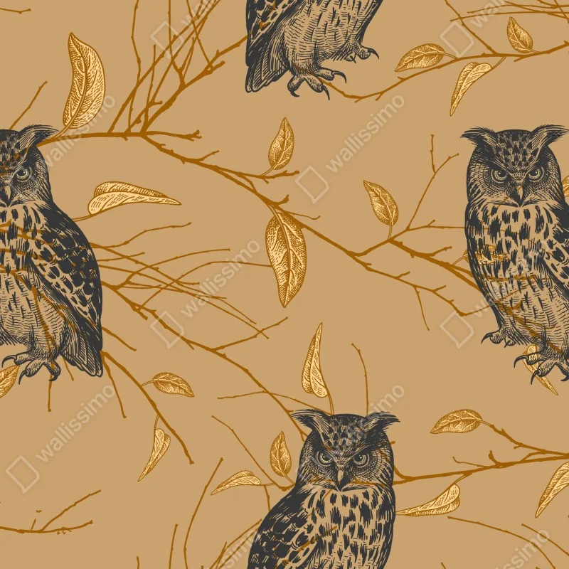 Fototapeta wzór ze złotymi sowami na beżowym tle – Wallissimo® Fototapeta wzór ze złotymi sowami na beżowym tle – Wallissimo®